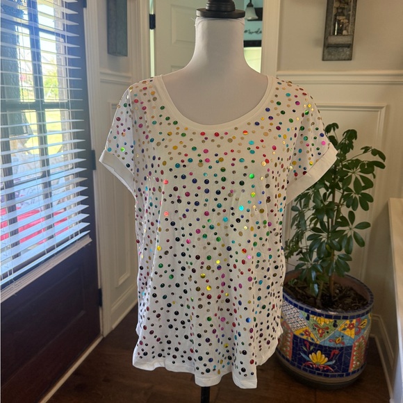 New York & Company Tops - New York & Co Soho NWOT White Tee with Colorful Sequins